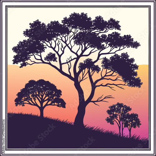 Silhouette of trees on a hill at sunset, creating a serene and picturesque scene with a warm and inviting atmosphere isolated on