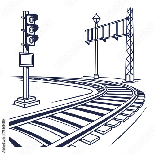 Illustration of a railway track with a traffic light and a signal post, isolated on the track curves slightly, adding depth to the scene