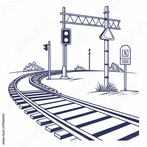 Illustration of a railway track with a traffic light and a signal post, isolated on the track curves slightly, adding depth to the scene
