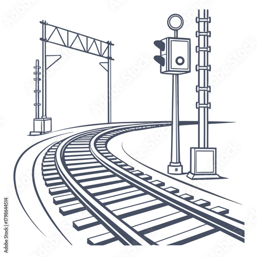 Illustration of a railway track with a traffic light and a signal post, isolated on the track curves slightly, adding depth to the scene