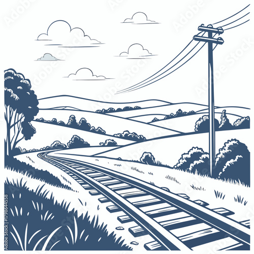 A monochrome railway track winds through a serene countryside landscape, offering a minimalist aesthetic and a tranquil atmosphere, evoking a sense of nostalgia