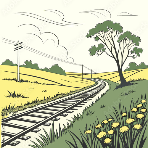 Illustration of a train track curving through a vibrant landscape with fields, trees, and clouds, evoking a sense of travel and adventure isolated on