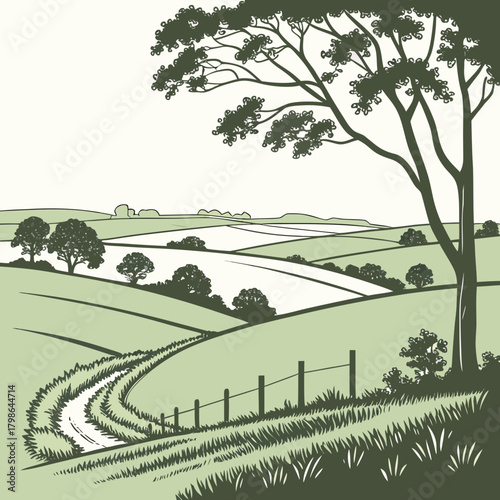 A picturesque countryside scene unfolds with rolling green hills, a winding path, and a solitary tree, capturing the essence of rural charm and natural beauty