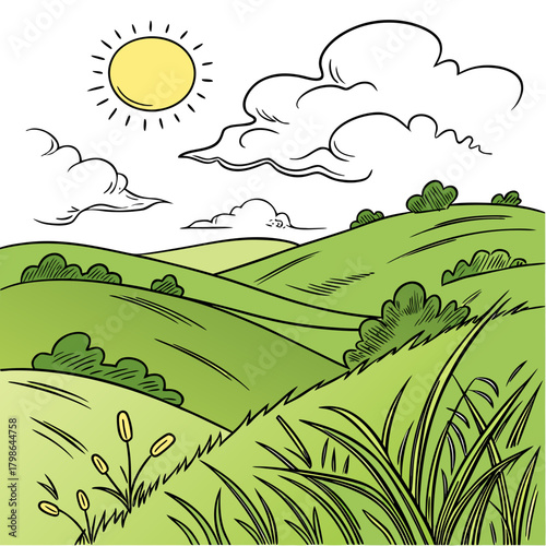Cartoon illustration of a sunny landscape with rolling green hills, fluffy white clouds, and a bright yellow sun isolated on vector illustration