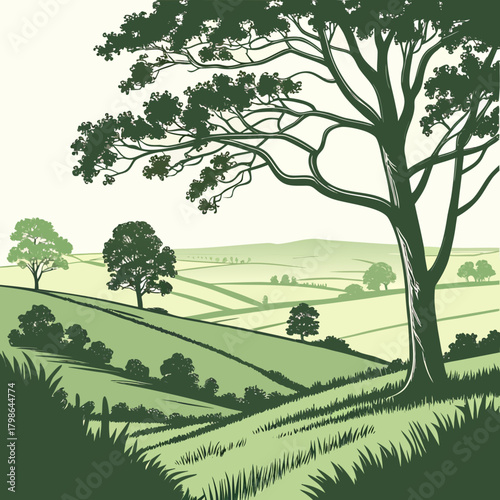 A picturesque countryside landscape with rolling hills, vibrant green grass, and majestic trees a serene and tranquil scene of natures beauty