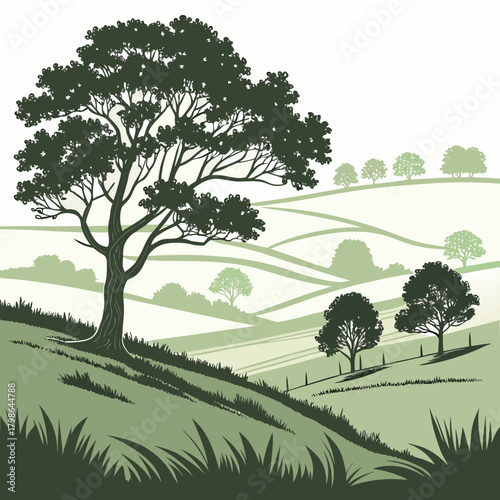 A serene countryside landscape with rolling hills, a majestic tree in the foreground, and a tranquil atmosphere, creating a sense of peace and natural beauty isolated on