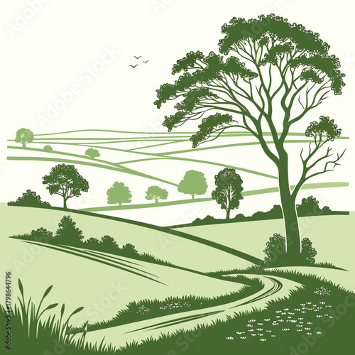 A picturesque countryside scene featuring rolling hills, a winding path, and a majestic tree, evoking a sense of tranquility and natural beauty isolated on