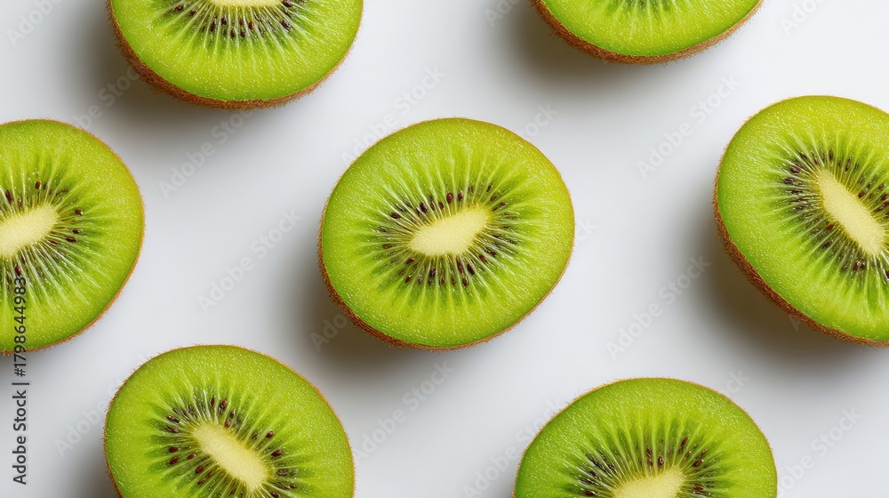 Fototapeta premium Fresh and Vibrant Slices of Kiwi Displayed on a Clean Surface Creating an Eye-Catching and Colorful Arrangement for Food Photography and Healthy Lifestyle Concepts
