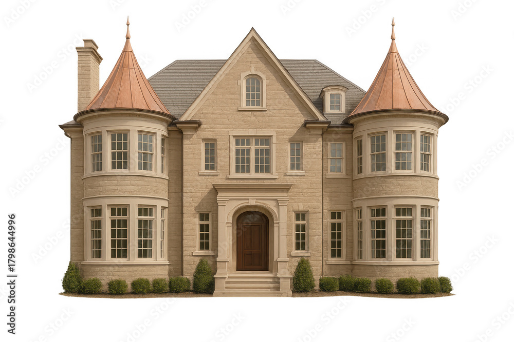 Naklejka premium Luxury stone mansion with copper turrets, a large residential home representing real estate and prosperity on transparent background