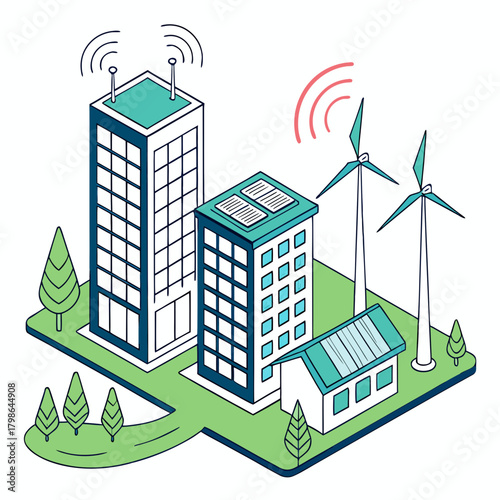 Isometric illustration of a smart city with renewable energy sources isolated on modern buildings, solar panels, wind turbines, and green spaces