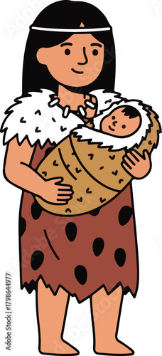 Cute Cartoon Cavewoman Holding a Prehistoric Baby in Animal Skin Swaddle Illustration