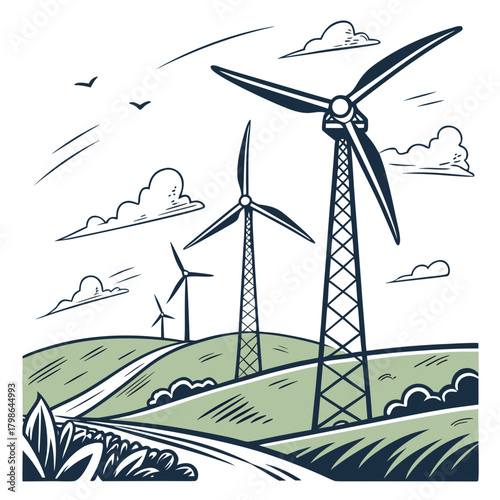 Windmills stand tall against the horizon, their blades gracefully turning in the breeze, symbolizing sustainable energy and a commitment to a greener future