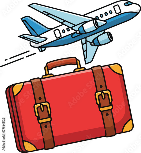 Cartoon Illustration of Red Vintage Suitcase and Airplane Taking Off for Travel