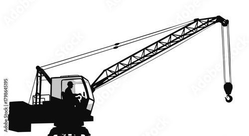 A silhouette of a construction crane, with its operator, against a clean white backdrop, ready for lifting heavy objects.