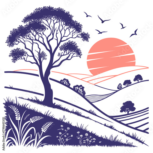A serene countryside scene unfolds with rolling hills, a solitary tree silhouetted against a warm sunset, and birds soaring above, isolated on