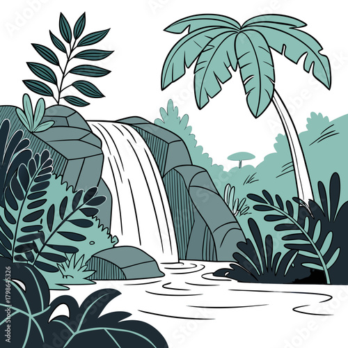 A serene waterfall cascades down rocky cliffs, surrounded by lush tropical foliage, with palm trees and ferns creating a tranquil oasis isolated on