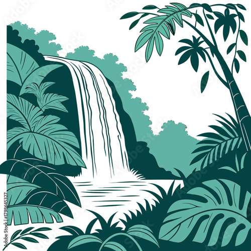 A lush tropical paradise showcases a cascading waterfall surrounded by vibrant green foliage and towering palm trees, isolated on
