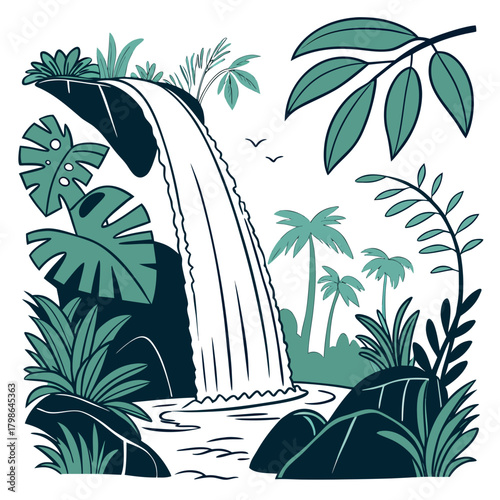 A lush tropical waterfall cascading into a pool surrounded by vibrant plants and foliage, creating a serene and exotic scene, isolated on