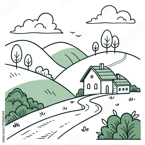 A charming countryside vista features rolling hills, a quaint house nestled along a winding road, and fluffy clouds drifting lazily across the clear blue sky