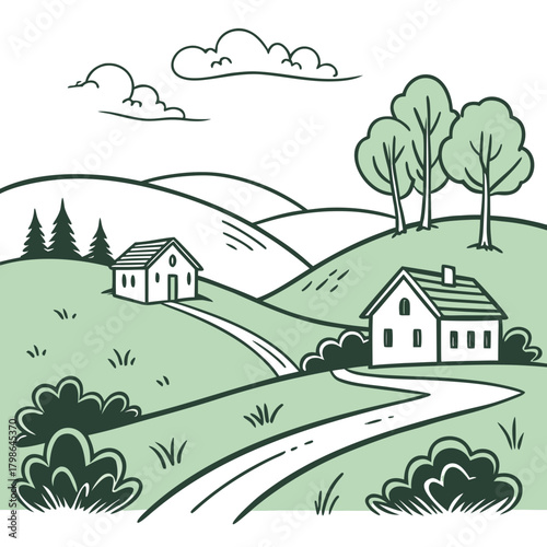A serene countryside scene unfolds with gentle rolling hills, quaint houses nestled amidst lush greenery, and a winding road leading through the picturesque landscape
