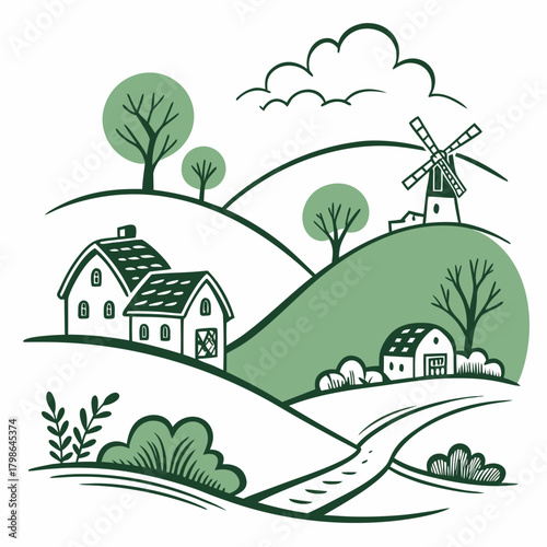 A picturesque countryside landscape featuring rolling hills, charming houses, and a windmill, all rendered in a simple, handdrawn style, isolated on