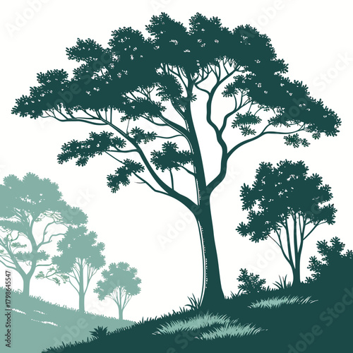 A captivating forest scene showcases towering trees silhouetted against a pristine white canvas, creating a harmonious blend of natures grandeur and artistic simplicity isolated on