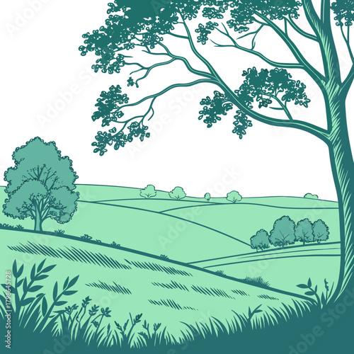 A serene vector landscape illustration of rolling green hills and lush trees, evoking a sense of tranquility and natural beauty isolated on