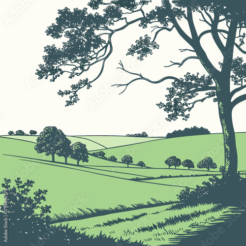 A picturesque vector landscape illustration of rolling green hills and lush trees, capturing the essence of rural charm and natural beauty isolated on