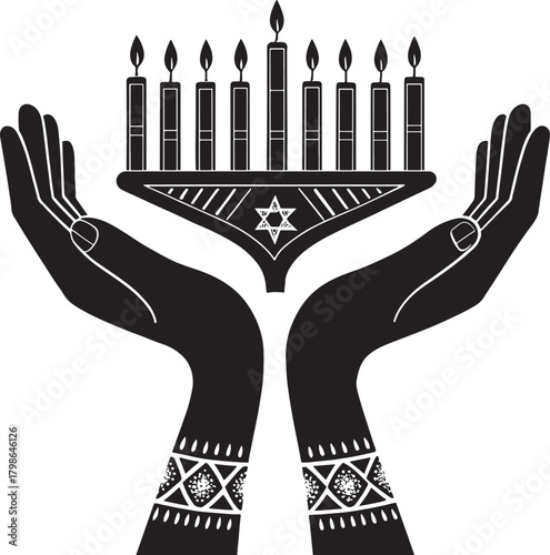 Kwanzaa african culture Black silhouette of hands holding a menorah with lit candles and a Star of David
