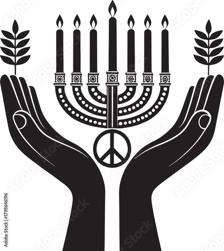 Kwanzaa african culture Black silhouette of hands holding a menorah with wheat stalks and peace symbol