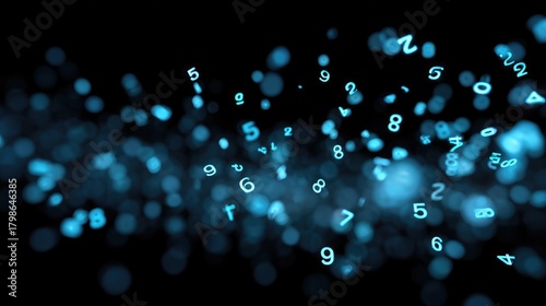 Abstract digital representation of flying blue numbers on a dark background, illustrating concepts of technology, data analysis, and information flow in a modern context.