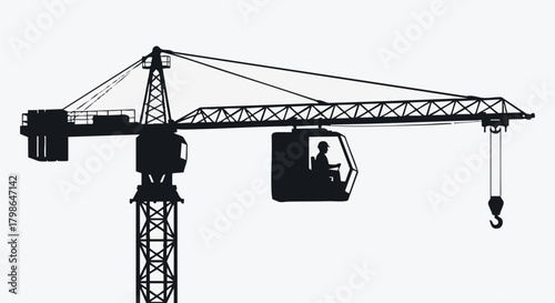 A silhouette of a construction crane, a symbol of building and industry, with a worker in the cab, against a plain white background.