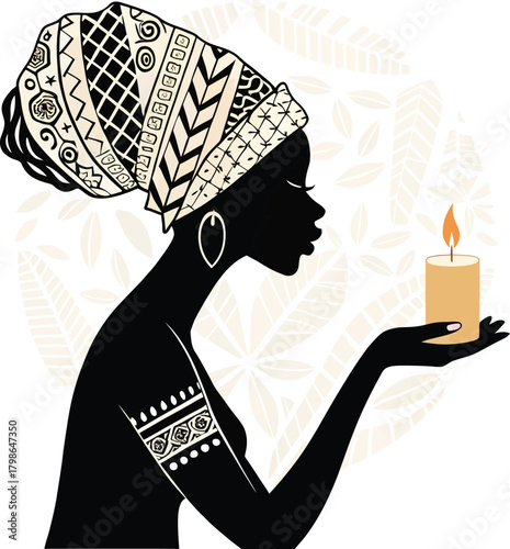 Silhouette of African woman in patterned headwrap holding lit candle with leaf kwanzaa african culture background