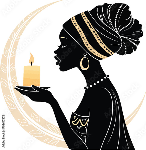 Silhouette of African woman in headwrap holding lit candle with crescent moon and feathers kwanzaa african culture