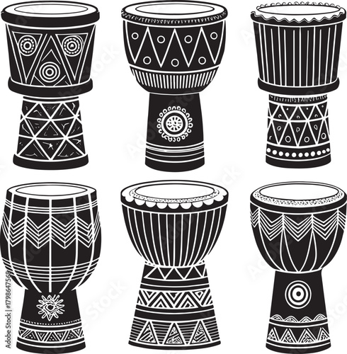 Six kwanzaa african culture black and white graphic illustrations of African drums with intricate patterns