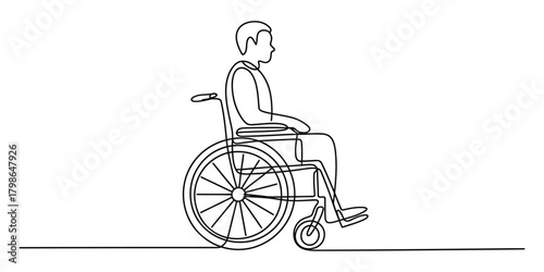 Continuous line drawing of a person sitting in a wheelchair icon.