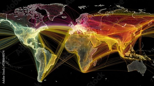 Global Network Visualization of Data Transmission and Communication Patterns Across Continents in Vibrant Colors and Dynamic Flowing Lines
