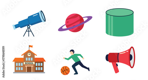 Illustrations of scientific instruments educational institutions sporting equipment and a celestial body.