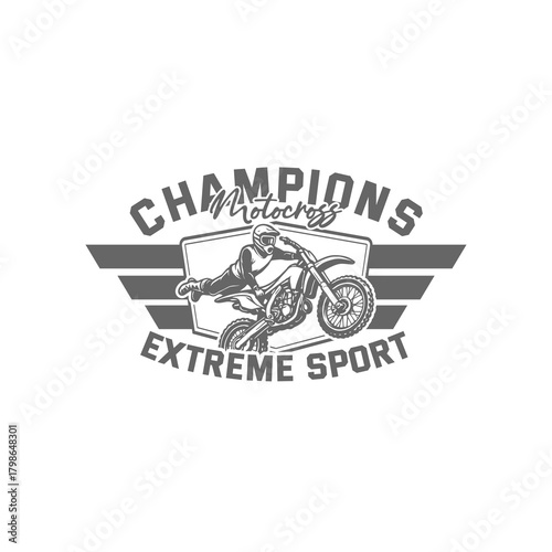 This logo features a motocross rider performing an extreme stunt, capturing the spirit of speed, power, and adrenaline. The dynamic illustration, combined with bold wing-like stripes, creates a strong