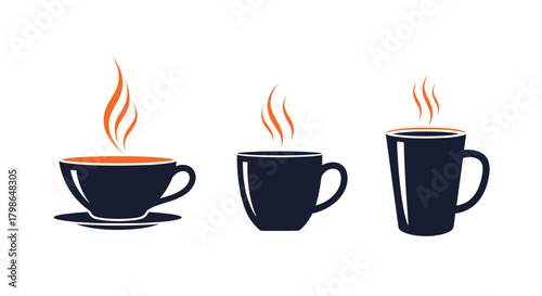 Three steaming cups of coffee with orange flames and smoke on white background.