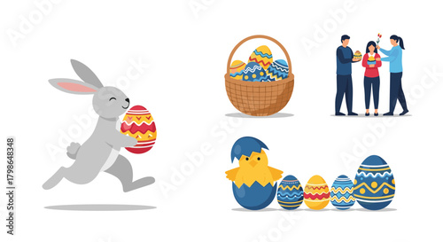 A happy easter bunny carries a decorated egg past a basket of eggs and people celebrating the holiday with colorful eggs.