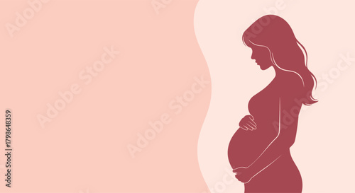A silhouette of a pregnant woman holding her belly against a soft pink background with wavy lines.