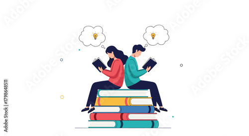 Two people reading books while sitting on a stack of books.