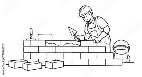 A construction worker meticulously lays bricks, using a trowel to apply mortar, building a sturdy wall with precision and skill in a detailed illustration.