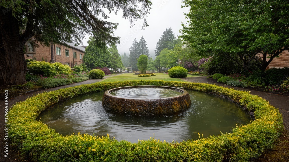 Fototapeta premium Serene Garden Fountain Surrounded by Lush Greenery and Colorful Flora in a Tranquil Park Setting on a Misty Day