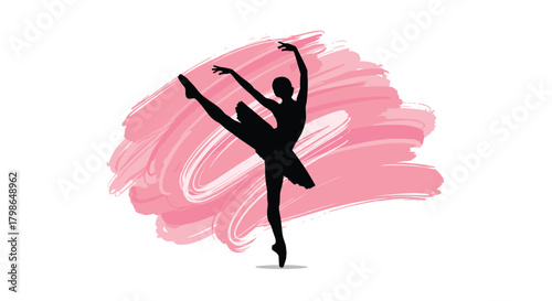 Elegant silhouette of a ballerina in a graceful pose on a pink watercolor background