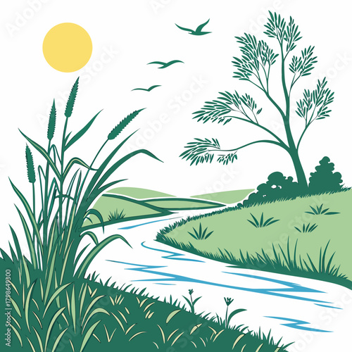 Idyllic river landscape with reeds, tree, and sun illustration, isolated on
