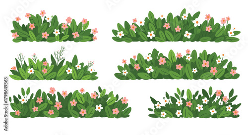 A collection of blooming bushes with small pink and white flowers and green leaves.