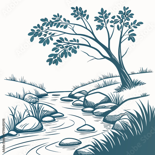 Cartoon illustration of a stream with rocks and a tree isolated on