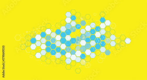 A vibrant abstract pattern of interconnected hexagonal shapes in cool blue and white tones against a bright yellow background.